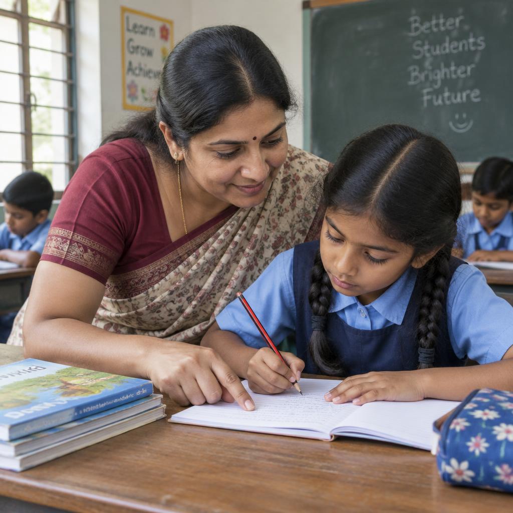 A teacher guiding a young student with her writing